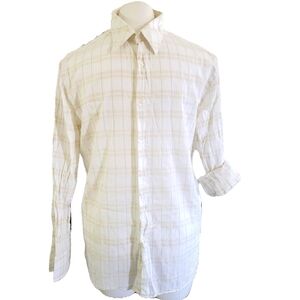 PERRY ELLIS White Plaid Button  Shirt Size Large